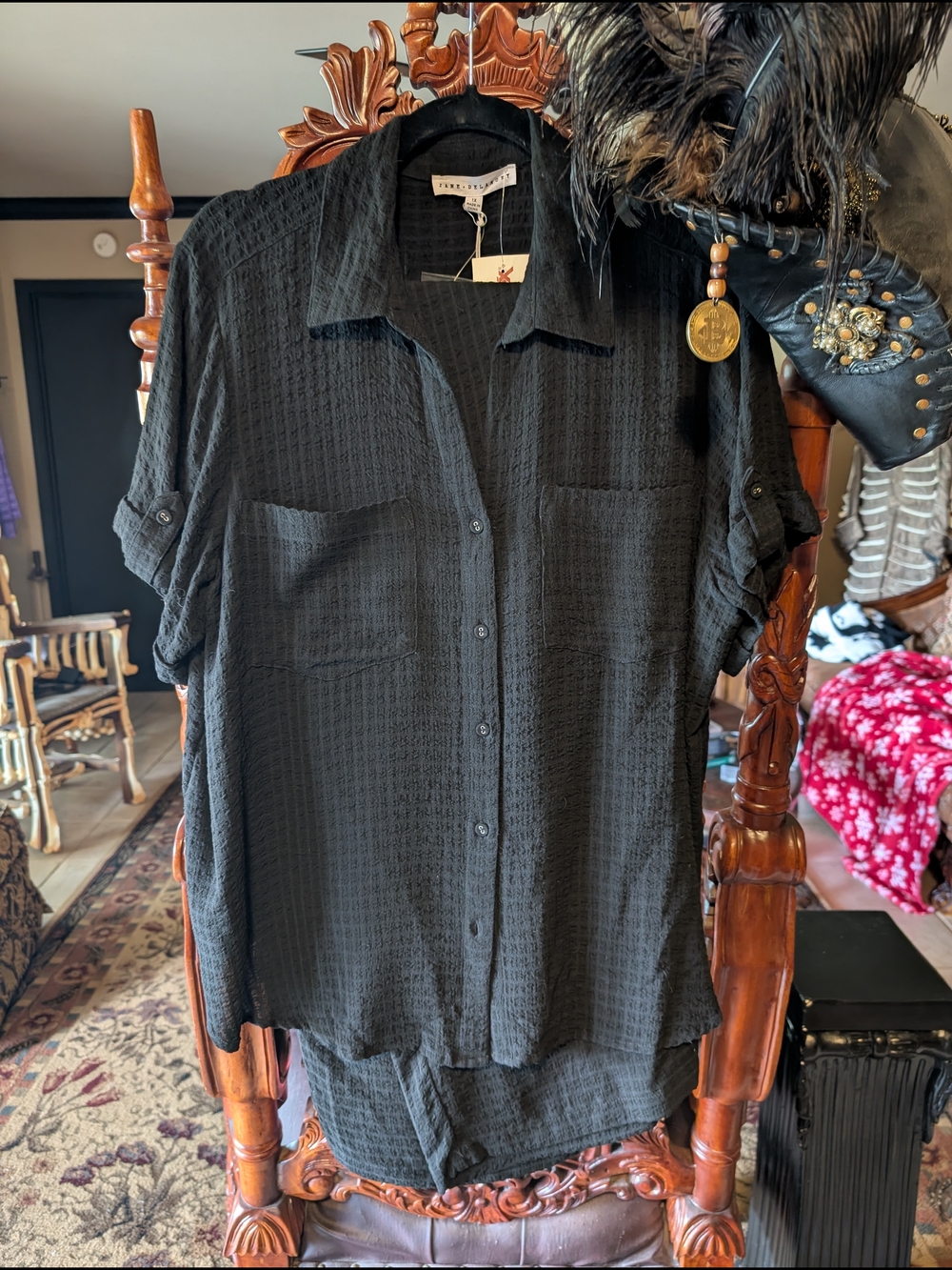 Textured Black Button-Front Shirt And Wide Leg Pants Set